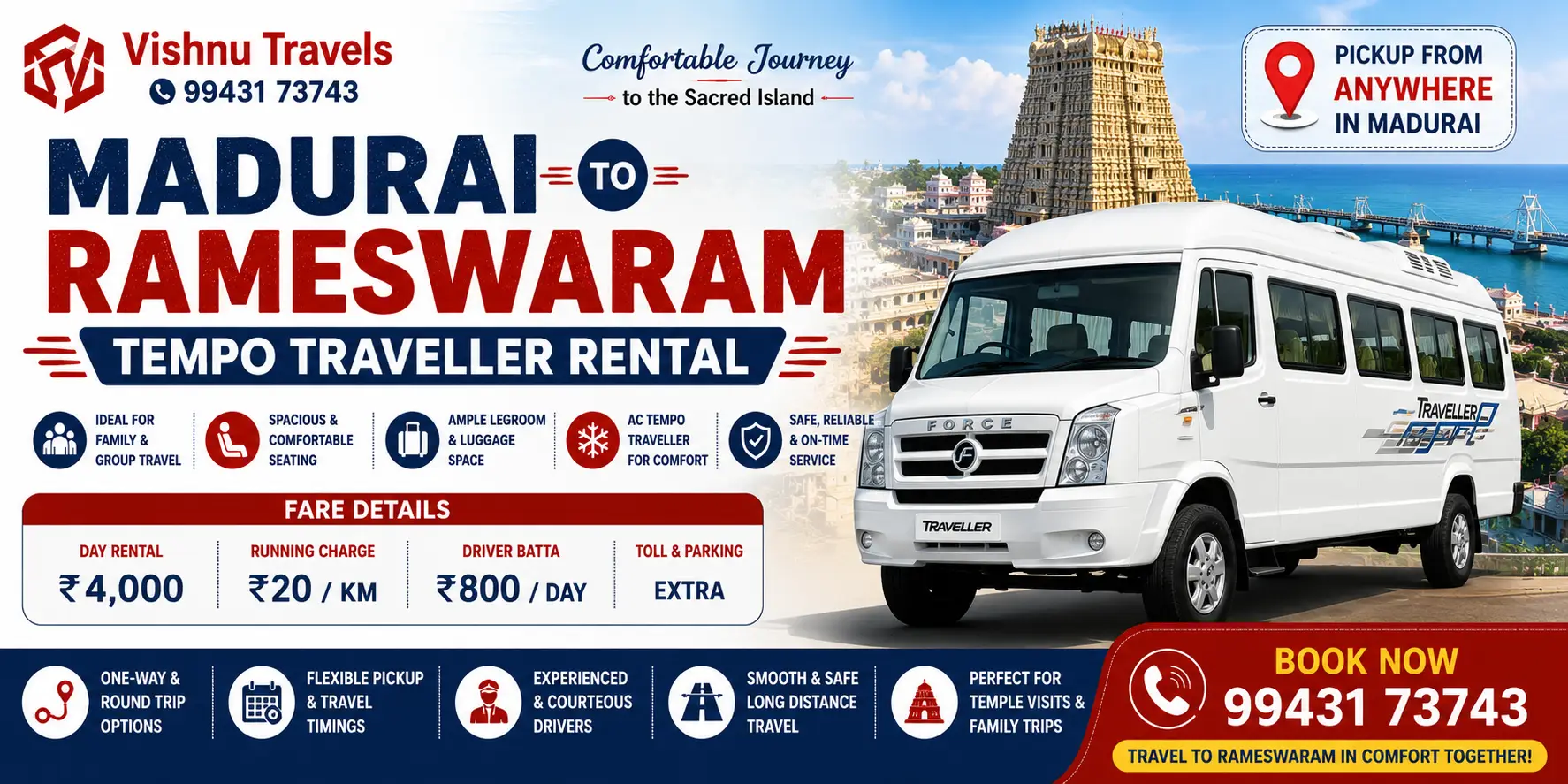 Madurai to Rameswaram Tempo Traveller Rental