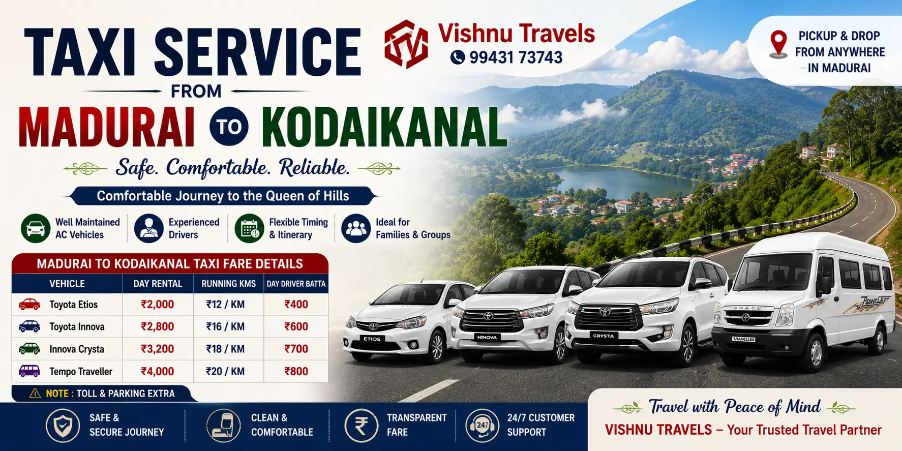 Taxi Service from Madurai to Kodaikanal